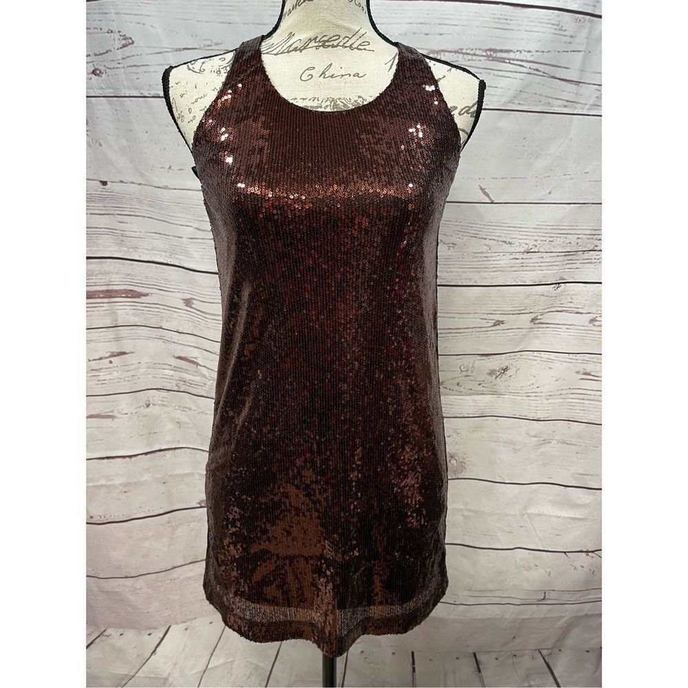 French Connection Denim Brown Sequin Halter Mini Dress Size 0